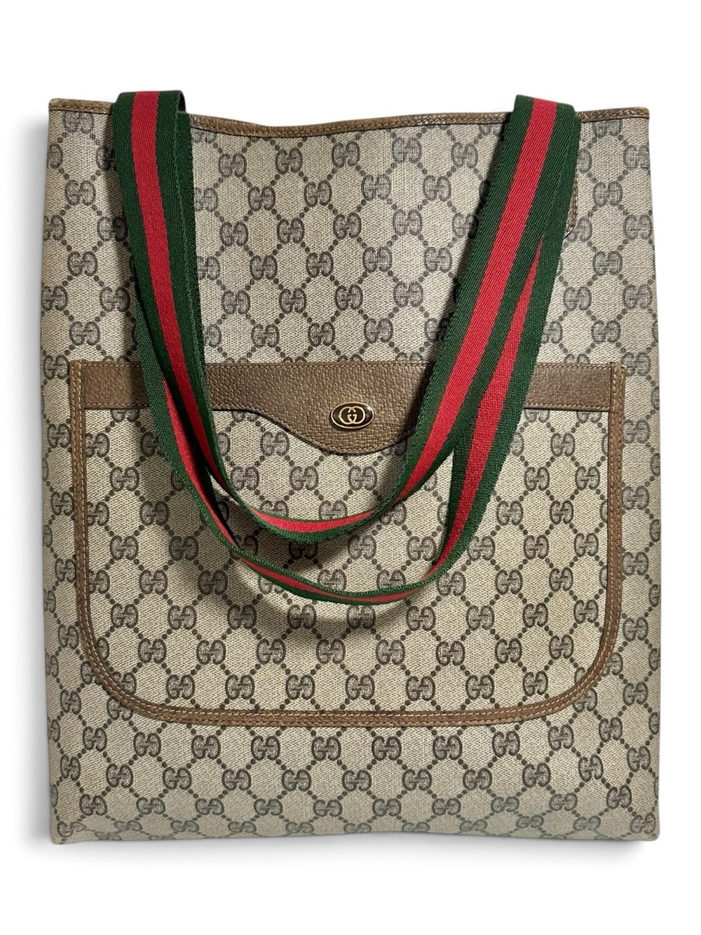 Gucci GG Supreme Web Monogram Canvas & Green Red Sherry Stripe Tote Bag